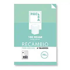 RECAMBIO PACSA A5 100 HOJAS 4 TALADROS CDLA. 4x4 CON MARGEN 70 GRS. (21204)