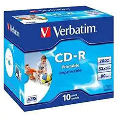 Material VERBATIM CD-R AZO, 700MB, 52X, 10 PACK JEWEL CASE, SUPERFICIE WIDE INKJET PRINTABLE (23   118MM)