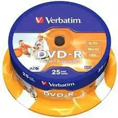 Material VERBATIM DVD-R, 4.7GB, 16X, 25 PACK SPINDLE, SUPERFICIE WIDE INKJET PRINTABLE (21 -118MM)