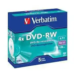 Material VERBATIM DVD-RW, 4.7GB, 4X, 5 PACK JEWEL CASE, SUPERFICIE MATT SILVER