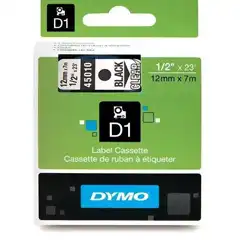 DYMO D1 45010, CINTA DE ETIQUETAS ESTÁNDAR NEGRO SOBRE TRANSPARENTE 12 MM X 7 M. CINTA DE POLIESTER AUTOADHESIVA. TECNOLOGIA DE IMPRESIÓN: TRANSFERENCIA TERMICA