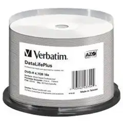 VERBATIM DVD-R, 4,7GB, 16X, 50 PACK SPINDLE, DATALIFE PLUS WIDE INKJET PRINTABLE PROFESSIONAL  (21 -118MM)