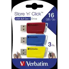 VERBATIM USB DRIVE ROJO, AZUL, AMARILLO 3.2 S 16GB (PACK DE 3 ) **CON RANURA PARA COLGAR** 49306 VERBATIM COD. EXA_35763 EAN 
