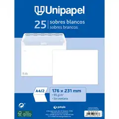 PAQ 25 SOBRES BLANCO 176X231 90GR TIRA SILICONA UNIPAPEL 20291270