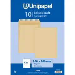 PAQUETE 10 BOLSAS KRAFT 260X360 90 G SOLAPA RECTA CIERRE TIRA SILICONA UNIPAPEL 21261149