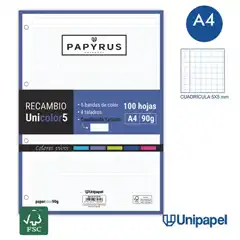 RECAMBIO PAPYRUS UNICOLOR5 A4 90GR 100HJ 5X5 VIVOS 4 TALADROS 53392399