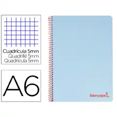 CUADERNO ESPIRAL LIDERPAPEL A6 MICRO WONDER T. PLASTICO 120H 90 GR CUADRO 5MM 4 BANDAS COLOR CELESTE BD10 8826