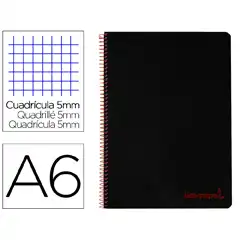 CUADERNO ESPIRAL LIDERPAPEL A6 MICRO WONDER T. PLASTICO 120H 90 GR CUADRO 5MM 4 BANDAS COLOR NEGRO BD27 8914