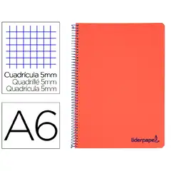 CUADERNO ESPIRAL LIDERPAPEL A6 MICRO WONDER T. PLASTICO 120H 90 GR CUADRO 5MM 4 BANDAS COLOR ROJO BD30 8917