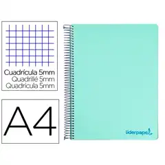 CUADERNO ESPIRAL LIDERPAPEL A4 MICRO WONDER T. PLASTICO 120H 90 GR CUADRO 5 MM 5 BANDAS 4 TALADROS COLOR VERDE BA17 8941