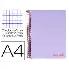 CUADERNO ESPIRAL LIDERPAPEL A4 MICRO WONDER T. PLASTICO 120H 90 GR CUADRO 5 MM 5 BANDA4 TALADROS COLOR LILA BA19 8942