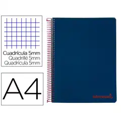 CUADERNO ESPIRAL LIDERPAPEL A4 MICRO WONDER T. PLASTICO 120H 90 GR CUADRO 5 MM 5 BANDA4 TALADROS COLOR AZUL MARINO BA86 8944