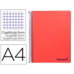 CUADERNO ESPIRAL LIDERPAPEL A4 MICRO WONDER T. PLASTICO 120H 90 GR CUADRO 5 MM 5 BANDAS 4 TALADROS COLOR ROJO BA88 8946