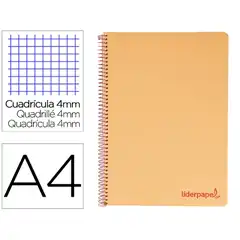 CUADERNO ESPIRAL LIDERPAPEL A4 WONDER T. PLASTICO 80H 90GR CUADRO 4MM CON MARGEN COLOR NARANJA TH05 8969