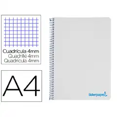 CUADERNO ESPIRAL LIDERPAPEL A4 WONDER T. PLASTICO 80H 90GR CUADRO 4MM CON MARGEN COLOR GRIS TH64 9177