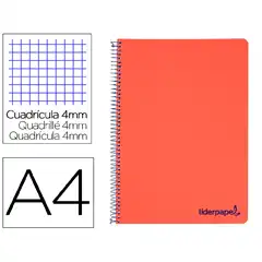 CUADERNO ESPIRAL LIDERPAPEL A4 WONDER T. PLASTICO 80H 90GR CUADRO 4MM CON MARGEN COLOR ROJO TH65 9226