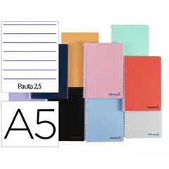 CUADERNO ESPIRAL LIDERPAPEL A5 WONDER T. PLASTICO 80H 90G PAUTA ESTRECHA 2,5MM CON MARGEN COLORES SURTIDOS TH43 9229