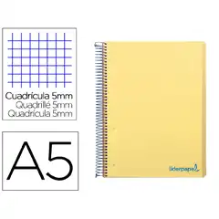 CUADERNO ESPIRAL LIDERPAPEL A5 MICRO WONDER T. PLASTICO 120H 90G CUADRO 5MM 5 BANDAS 6 TALADROS COLOR AMARILLO BJ19 9232