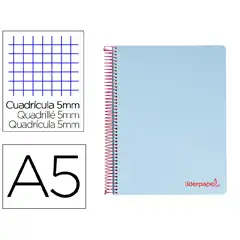 CUADERNO ESPIRAL LIDERPAPEL A5 MICRO WONDER T. PLASTICO 120H 90G CUADRO 5MM 5 BANDAS 6 TALADROS COLOR CELESTE BJ14 9233