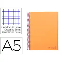 CUADERNO ESPIRAL LIDERPAPEL A5 MICRO WONDER T. PLASTICO 120H 90G CUADRO 5MM 5 BANDAS 6 TALADROS COLOR NARANJA BJ17 9234
