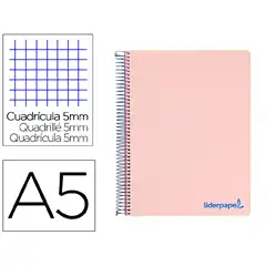 CUADERNO ESPIRAL LIDERPAPEL A5 MICRO WONDER T. PLASTICO 120H 90G CUADRO 5MM 5 BANDAS 6 TALADROS COLOR ROSA BJ15 9235