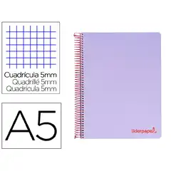 CUADERNO ESPIRAL LIDERPAPEL A5 MICRO WONDER T. PLASTICO 120H 90G CUADRO 5MM 5 BANDAS 6 TALADROS COLOR VIOLETA BJ18 9237