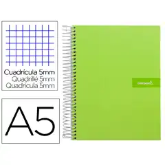 CUADERNO ESPIRAL LIDERPAPEL A5 MICRO CRAFTY T. FORRADA 120H 90 GR CUADRO 5MM 5 BANDAS6 TALADROS COLOR VERDE BJ10 9546