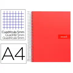 CUADERNO ESPIRAL LIDERPAPEL A4 MICRO CRAFTY T. FORRADA 120H 90 GR CUADRO 5 MM 5 BANDAS 4 COLORES COLOR ROJO BA06 9973