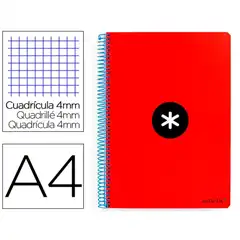 Material CUADERNO ESPIRAL A4 ANTARTIK T. DURA 80H 90GR CUADRO 4MM CON MARGEN COLOR ROJO KB14 159570