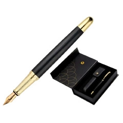 Material PLUMA Y ESTUCHE CUERO BELIUS PASSION DOR ALUMINIO TEXTURA CEPILLADA COLOR NEGRO Y DORADO TINTA AZUL CAJA DISEÑO LIDERPAPEL BB239 168823