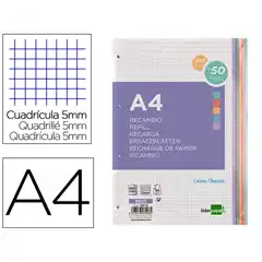 RECAMBIO LIDERPAPEL A4 200+50 HOJAS 90G/M2 CUADRO 5 MM 4 TALADROS BANDAS DE 5 COLORES RE07 169719
