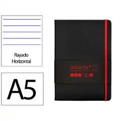 Material CUADERNO CON GOMILLA ANTARTIK NOTES TAPA DURA A5 HOJAS RAYAS NEGRO Y ROJO 100 HOJAS 80 GR FSC TX04 170070
