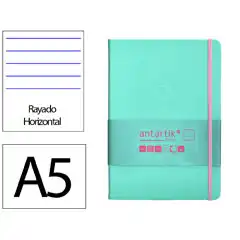 Material CUADERNO CON GOMILLA ANTARTIK NOTES TAPA DURA A5 HOJAS RAYAS ROSA Y TURQUESA 100 HOJAS 80 GR FSC TX28 170094