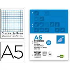 RECAMBIO LIDERPAPEL A5 100 H 100G/M2 CUADRO 5MM CON MARGEN 6 TALADROS RB01 29107