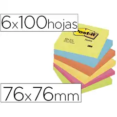 BLOC DE NOTAS ADHESIVAS QUITA Y PON POST-IT 76X76 MM NEON PACK DE 6 BLOCS SURTIDO 29386