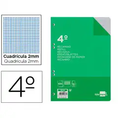 RECAMBIO LIDERPAPEL CUARTO 100 HJ 60G/M2 MILIMETRADO SIN MARGEN 6 TALADROS RC12 29681