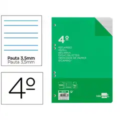RECAMBIO LIDERPAPEL CUARTO 100 HJ 60G/M2 PAUTA 4ª 3.5MM CON MARGEN 6 TALADROS RC10 29683