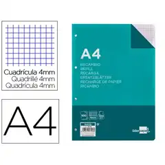 Material RECAMBIO LIDERPAPEL A4 100 HJ 100G/M2 CUADRO 4MM CON MARGEN 4 TALADROS 47116