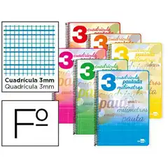 CUADERNO ESPIRAL LIDERPAPEL Fº PAUTAGUIA T. BLANDA 80H 75 GR CUADRO PAUTADO 3MM CON MARGEN COLORES SURTIDOS BF53 51697