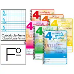 Material CUADERNO ESPIRAL LIDERPAPEL Fº PAUTAGUIA T. BLANDA 80H 75 GR CUADRO PAUTADO 4MM COLORES SURTIDOS BF54 51698