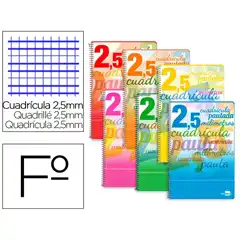 CUADERNO ESPIRAL LIDERPAPEL Fº PAUTAGUIA T. BLANDA 80H 75 GR CUADRO PAUTADO 2,5MM CON MARGEN COLORES SURTIDOS BF55 51699