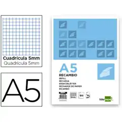RECAMBIO LIDERPAPEL A5 120 HJ 75G/M2 CUADRO 5MM SIN MARGEN 6 TALADROS BANDAS DE 5 COLORES RE04 52705