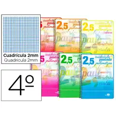CUADERNO ESPIRAL LIDERPAPEL CUARTO PAUTAGUIA T. BLANDA 40H 75 GR CUADRO PAUTADO 2,5MMCON MARGEN COLORES SURTIDOS BC66 58591