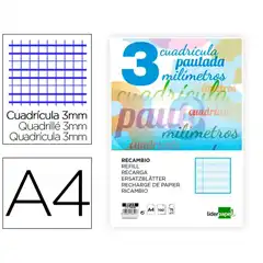 RECAMBIO LIDERPAPEL A4 PAUTAGUIA 100 HJ 75 G CUADRICULADO PAUTADO 3 MM CON MARGEN 4 TALADROS RF23 58599