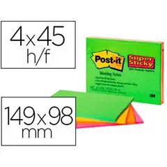 BLOC DE NOTAS ADHESIVAS QUITA Y PON POST-IT SUPER STICKY 149X98 MM CON 45 HJ PACK DE 4 UNIDADES COLOR 63075