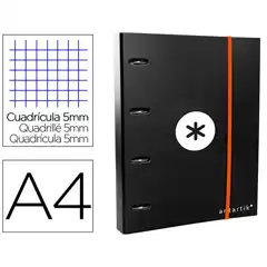 CARPETA CON RECAMBIO ANTARTIK A4 CUADRO 5MM FORRADA 4 ANILLAS 40MM REDONDAS COLOR NEGRA AW41 64665