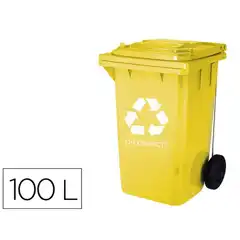 Material PAPELERA CONTENEDOR Q-CONNECT PLASTICO AMARILLO 100L CON TAPA Y RUEDAS 750X470X370MM KF16543 72482