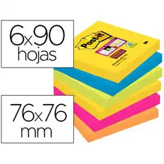 BLOC DE NOTAS ADHESIVAS QUITA Y PON POST-IT SUPER STICKY 76X76 MM CON 90 HJ PACK DE 6 UDS 70005250264 75590 75590