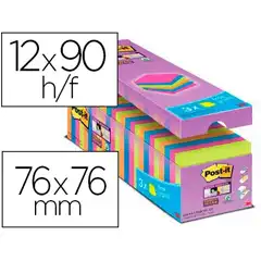 BLOC DE NOTAS ADHESIVA QUITA Y PON POST-IT SUPER STICKY 76X76 MM 90 HJ COLORES SURTIDOS PACK DE 21 + 79182