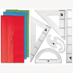 JUEGO ESCUADRA Y CARTABON 25CMREGLA 30CM SEMICIRCULO 15CM Y PLANTILLA DE CURVAS LPPEN PETACA OPACA COLOR 21828